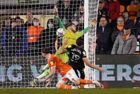 Intervention: Blackpool goalkeeper Daniel Grimshaw make a save from Hull City’s Randell Williams. (Picture: PA)