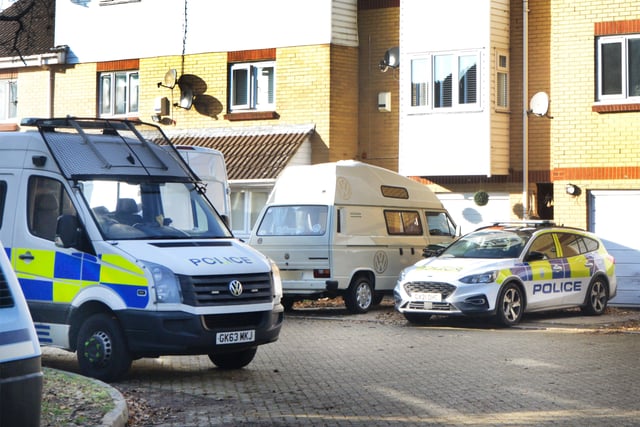 Police searching an address in Squirrel Close, St Leonards. SUS-211129-134816001