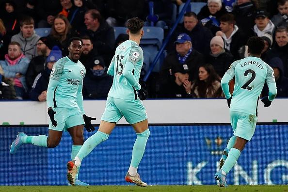 Danny Welbeck celebrates his leveller against Leicester at the King Power Stadium