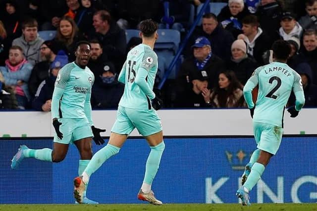 Danny Welbeck celebrates his leveller against Leicester at the King Power Stadium