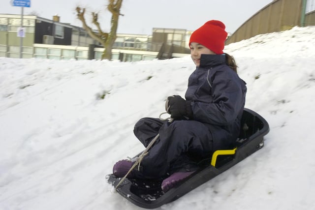 Poppy Yates, 10, sledging near Sleaford Leisure Centre.
