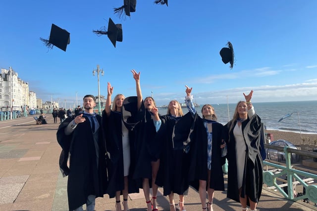 Seafront celebrations for University of Brighton students who have attended their graduation ceremony in Brighton