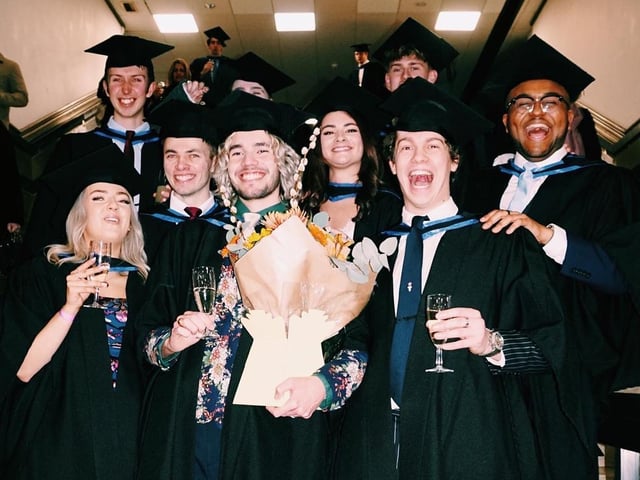 Product Design students celebrate after their graduation ceremony at The Brighton Centre this week                 Photo/Alex Witty