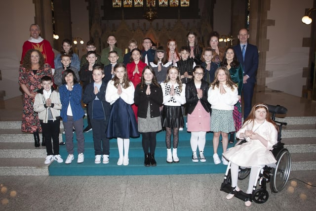 Children from Rosemount Primary School who received the Sacrament of Confirmation from Fr. Paul Farren at St. Eugene's Cathedral on Friday. Included in photo are Mr. Paul Bradley, Principal and teachers Miss Dunn and Mrs. Meehan. (Photo: Jim McCafferty Photography)