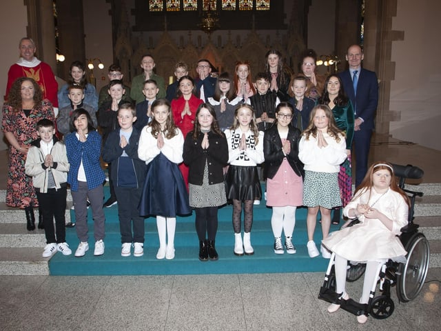 Children from Rosemount Primary School who received the Sacrament of Confirmation from Fr. Paul Farren at St. Eugene's Cathedral on Friday. Included in photo are Mr. Paul Bradley, Principal and teachers Miss Dunn and Mrs. Meehan. (Photo: Jim McCafferty Photography)