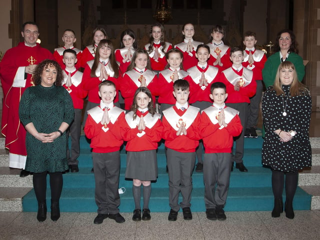 Children from St. Eugene's Primary School who received the Sacrament of Confirmation from Fr. Patrick Lagan at St. Eugene's Cathedral on Friday. Included in photo are Mrs. Carol Duffy, Principal, Ms. Cathy Faulkner and Ms. Amanda Carson. (Photo: Jim McCafferty Photography)