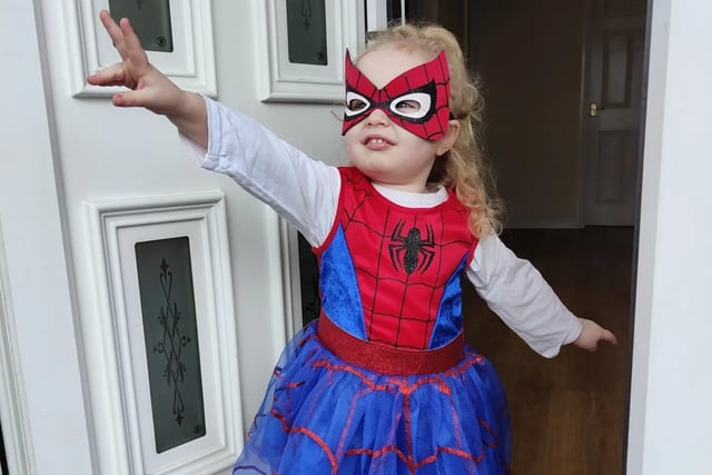 Clára, age 3, dressed as Spider Girl for her first World Book Day.