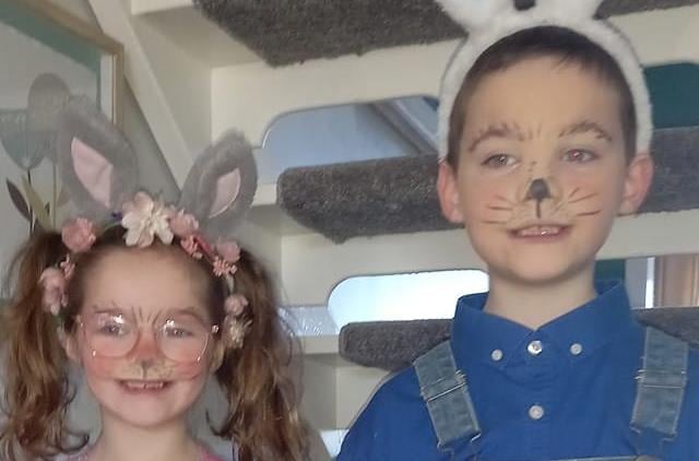 Peter Rabbitt and Lily Bobtail ready to hop to school.