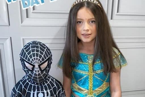 Oscar, age 5, as Spiderman with his big sister, Amelia, age 9, who is Princess Jasmine