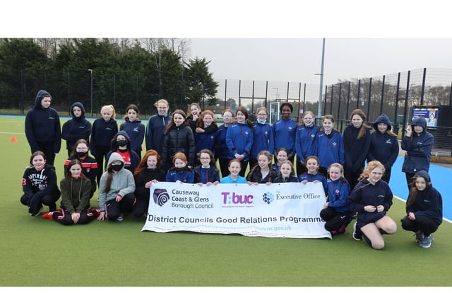 Some of the post-primary school pupils from across the Borough who took part in the â€ ̃Different Ball Same Goalâ€TM finale in Coleraine organized by Causeway Coast and Glens Borough Council