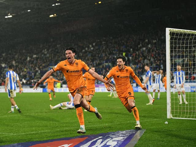 Hull City's Jacob Greaves celebrates his late winner at Huddersfield Town. Picture: Jonathan Gawthorpe.