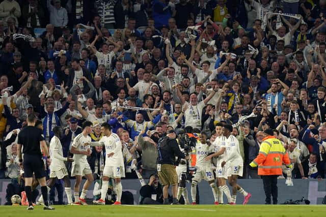 PARTY TIME: Crysencio Summerville (third right) celebrates after scoring Leeds United's fourth goal