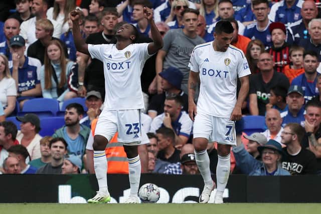 BACK AT IT: Leeds United's Luis Sinisterra celebrates after scoring his side's fourth goal against Ipswich Town at Portman Road. Picture: George Tewkesbury/PA