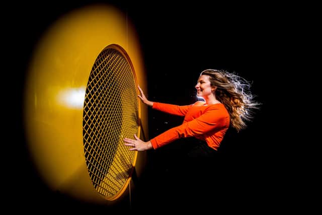 Bethany-Rose Cadell, Community Partnership & Event Producer experiencing the full force in the wind tunnel demonstrator. Picture By Yorkshire Post Photographer,  James Hardisty.