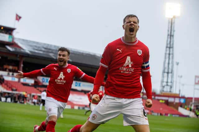 Mads Andersen celebrates scoring Barnsley's second goal. Picture: Bruce Rollinson.