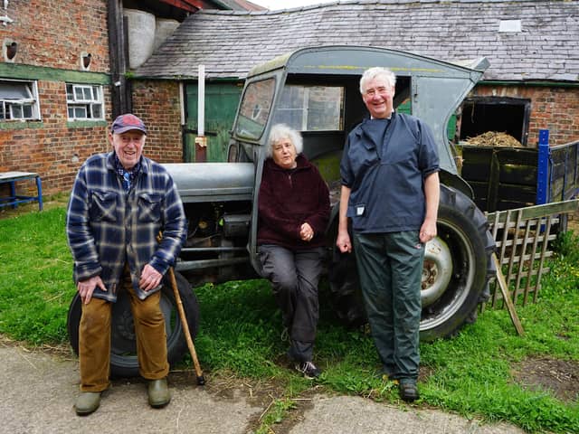 Jean and Steve Green at their farm in Yorkshire with close friend Peter Wright. (Credit: DaisyBeck Studios)