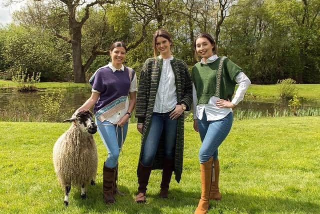 Three of the Great Yorkshire Show 2023 model competition winners wearing designs from British Wool partner brands, models  l-r Sarah Turner, Mollie Spencer and Louisa Holstead. Picture by Kate Mallender.