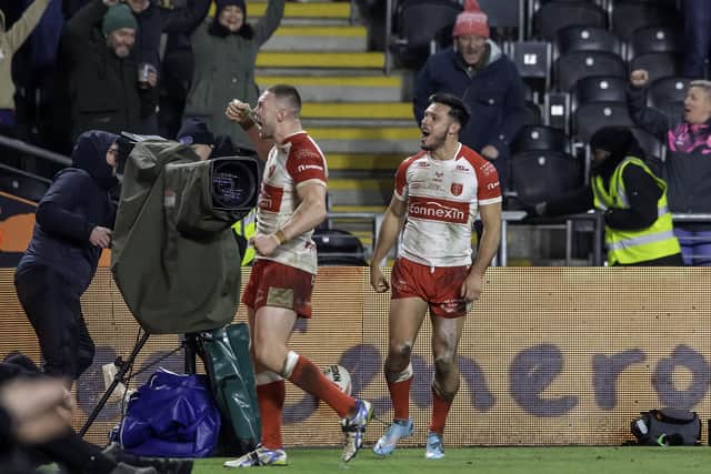 Niall Evalds, right, celebrates a derby try on his Hull KR debut. (Photo: Allan McKenzie/SWpix.com)