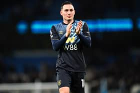 Burnley right-back and Leeds United target Connor Roberts applauds the fans after the final whistle in the Premier League match at the Etihad Stadium on Wednesday. Picture: Nick Potts/PA Wire.
