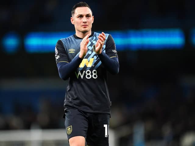 Burnley right-back and Leeds United target Connor Roberts applauds the fans after the final whistle in the Premier League match at the Etihad Stadium on Wednesday. Picture: Nick Potts/PA Wire.