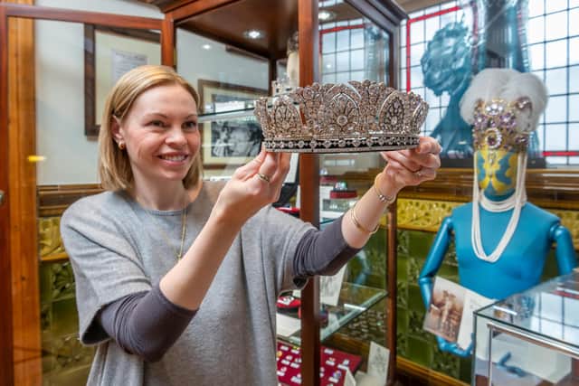 Rebecca Tucker, , holding the Replica of the Palmette and Lotus Tiara commissioned by Duchess Louise Devonshire in 1892. Picture By Yorkshire Post Photographer,  James Hardisty.