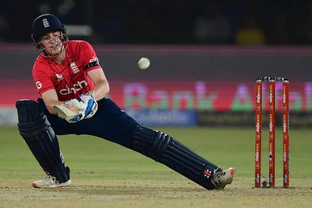 England's Harry Brook plays a shot during the first Twenty20 international cricket match between Pakistan and England at the National Cricket Stadium in Karachi (Photo by ASIF HASSAN/AFP via Getty Images)