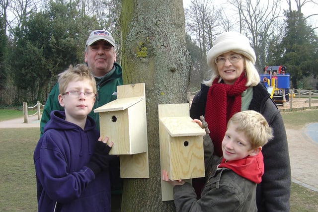 Park Ranger, Cllr Glenys Falconer and her grandsons Harry (11) and George (8) Atkins, hard at work building a nest box in 2008