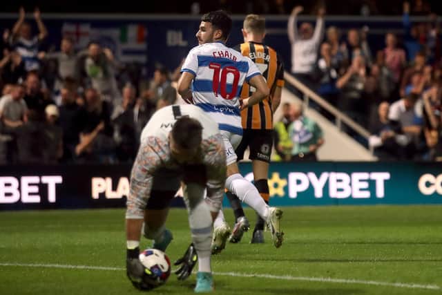 Queens Park Rangers's Ilias Chair celebrates scoring their side's first goal against Hull City at Loftus Road, London. Picture: PA.