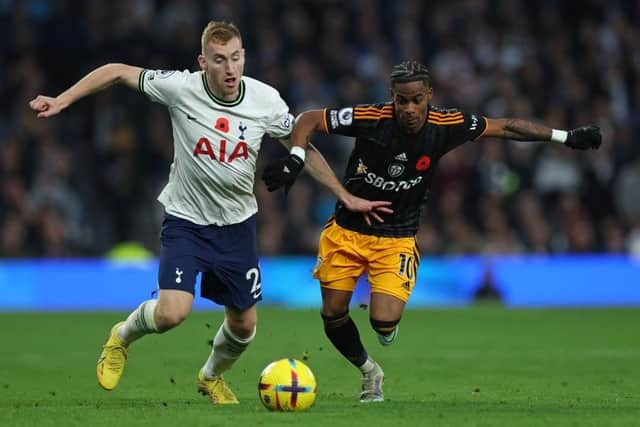 ANOTHER GOAL: Crysencio Summerville, competing for the ball with Tottenham Hotspur's  Dejan Kulusevski (left) scored his fourth goal in as many Premier League games