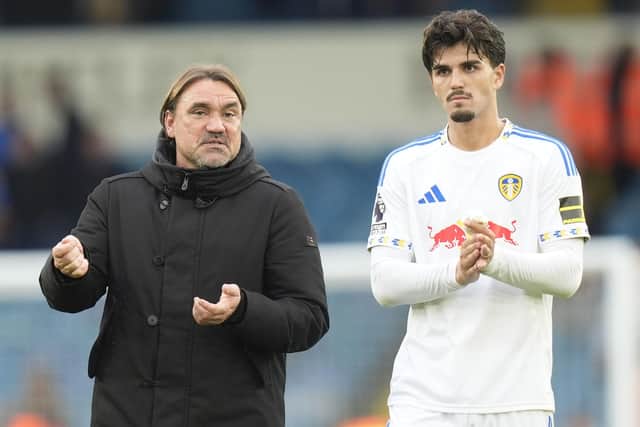 Leeds United manager Daniel Farke speaks with Pascal Struijk, after his team drew against AFC Bournemouth in the Premier League match at Elland Road. Photo: Danny Lawson/PA Wire.