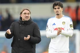 Leeds United manager Daniel Farke speaks with Pascal Struijk, after his team drew against AFC Bournemouth in the Premier League match at Elland Road. Photo: Danny Lawson/PA Wire.