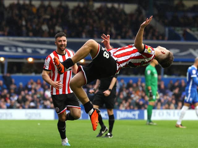 Head over heels: James McAtee of Sheffield United celebrates after scoring the team's second goal against Birmingham City (Picture: Matthew Lewis/Getty Images)