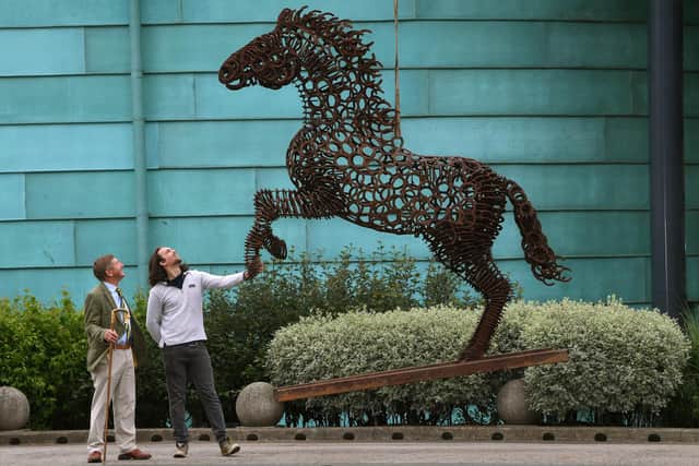 Yorkshire sculptor Ollie Holman has created a 12ft tall horse sculpture which has been made of over 600 horseshoes from across Yorkshire. (Pic credit: Jonathan Gawthorpe)