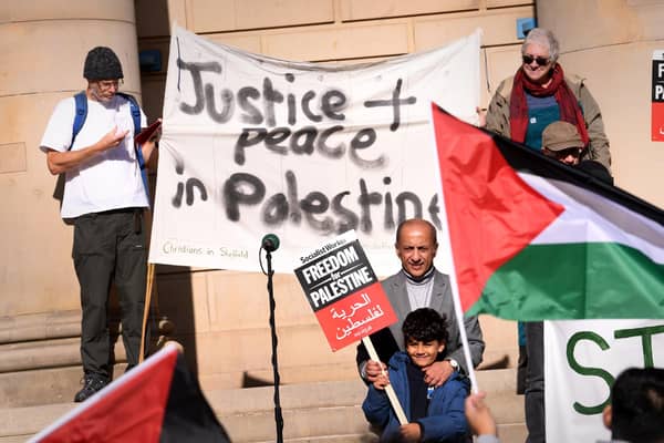 Protest for peace in Palestine outside Sheffield City Hall. PIC: Simon Hulme