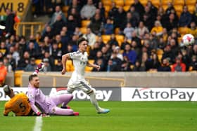 DECISIVE MOMENT: Leeds United's Rodrigo Moreno makes it 4-2