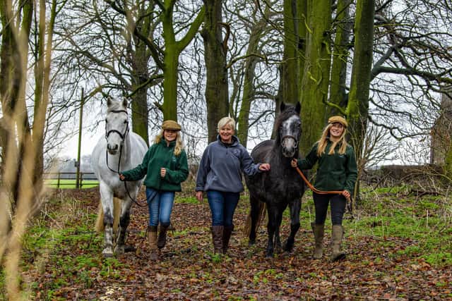 Juli Shepherd with her daughters Daisy and Poppy walking their ponnies in woodland at Field House Farm, Tibthorpe near Driffield.