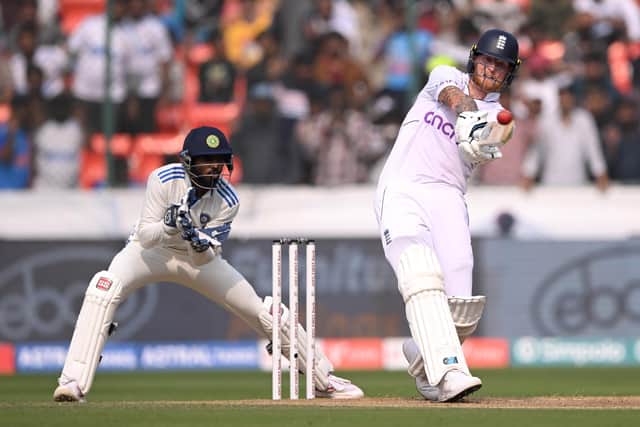 Ben Stokes hits out on his way to the top score of 70 in the England first innings. Photo by Stu Forster/Getty Images.