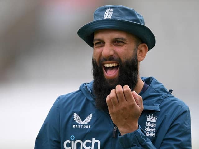 MANCHESTER, ENGLAND - JULY 17: Moeen Ali of England during a nets session at Emirates Old Trafford on July 17, 2023 in Manchester, England. (Photo by Gareth Copley/Getty Images)