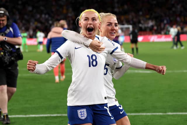 England's Chloe Kelly and Alex Greenwood celebrate victory following a penalty shoot-out after extra time against Nigeria at Brisbane Stadium Picture: Isabel Infantes/PA
