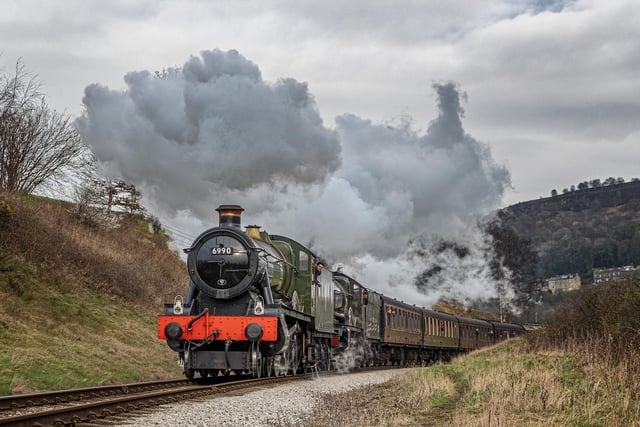Double Great Western, with 69906 'Witherslack Hall' leading 4079 'Pendennis Castle' climbing out the valley. Credit: Tom Marshall/KWVR