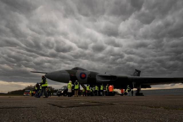 Clouds form over the  Vulcan aircraft on the runway at the former Doncaster Sheffield Airport