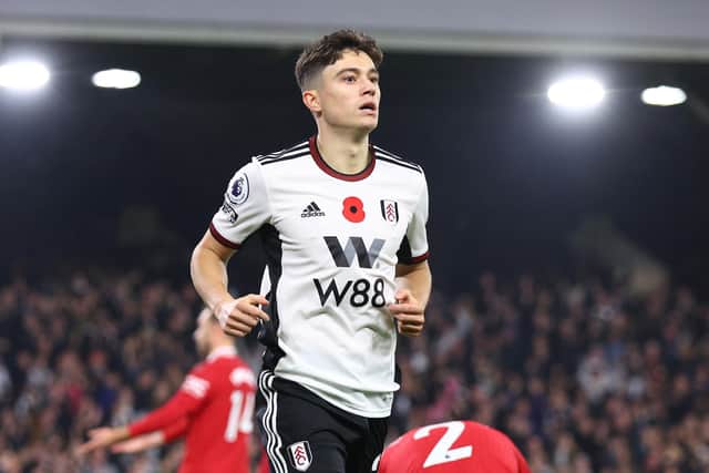 LONDON, ENGLAND - NOVEMBER 13: Daniel James of Fulham celebrates scoring their side's first goal during the Premier League match between Fulham FC and Manchester United at Craven Cottage on November 13, 2022 in London, England. (Photo by Clive Rose/Getty Images)
