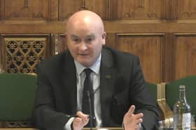 Mick Lynch, General Secretary of the Rail, Maritime and Transport union (RMT) , answering questions in front of the Transport Select Committee in the House of Commons.