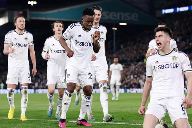 GAME-WINNER: Leeds United's Luis Sinisterra celebrates with team-mates after scoring what proved to be the winning goal against Nottingham Forest at Elland Road Picture: Alex Livesey/Getty Images