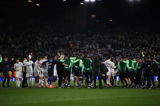 UNITED: Leeds players and staff gather at the end of their Championship play-off semi-final second leg win over Norwich City
