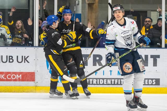 DECISIVE: Cole Shudra celebrates scoring the Knights fourth goal in the NIHL National Cup semi-final, second leg at Elland Road Ice Arena last month - Leeds winning 10-5 on aggregate. Picture: Bruce Rollinson
