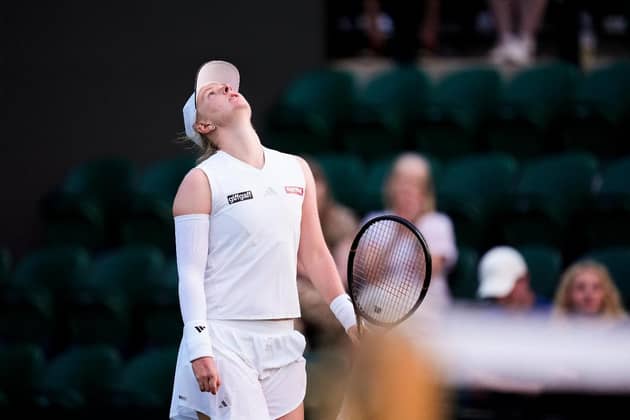 Fran Jones of Great Britain looks dejected following her match against Diane Parry of France during the Ladies' Singles on day one of the 2026 Wimbledon Championships at the All England Lawn Tennis Club (Picture: PA)