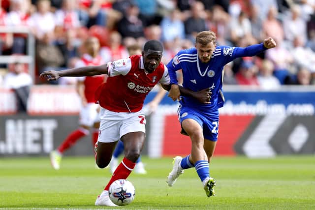 Leicester City's Kiernan Dewsbury-Hall (right) and Rotherham United's Christ Tiehi battle for the ball during the Sky Bet Championship match at the AESSEAL New York Stadium, Rotherham. Picture date: Saturday August 26, 2023. PA Photo. See PA story SOCCER Rotherham. Photo credit should read: Nigel French/PA Wire.

RESTRICTIONS: EDITORIAL USE ONLY No use with unauthorised audio, video, data, fixture lists, club/league logos or "live" services. Online in-match use limited to 120 images, no video emulation. No use in betting, games or single club/league/player publications.