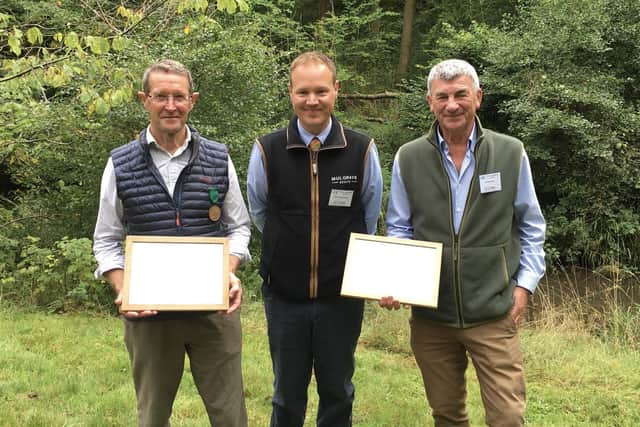 Stephen Parkin, Robert Childershouse and Jim Mortlock from The Mulgrave Estate. Mr Parkin and Mr Mortlock who have both recently retired have been presented with long service awards by the Royal Forestry Society.