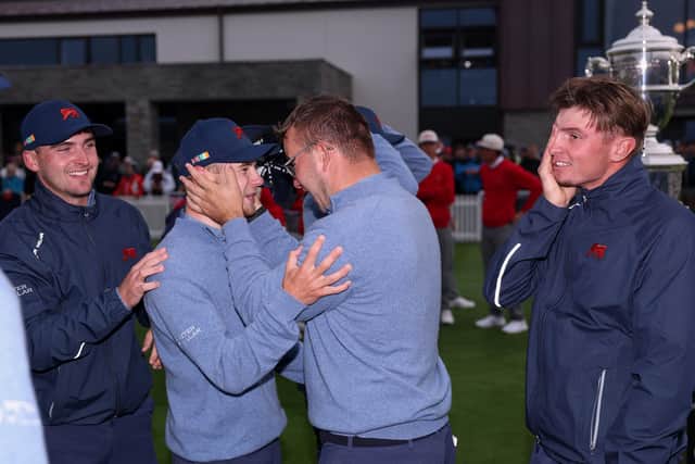 Walker Cup glory boys: Jack Whaley (left) with Connor Graham, Eliot Baker and Tyler Weaver of Team GB&I celebrate victory over the United States at Lahinch Golf Club on September 6, 2026 (Picture: Warren Little/Getty Images)